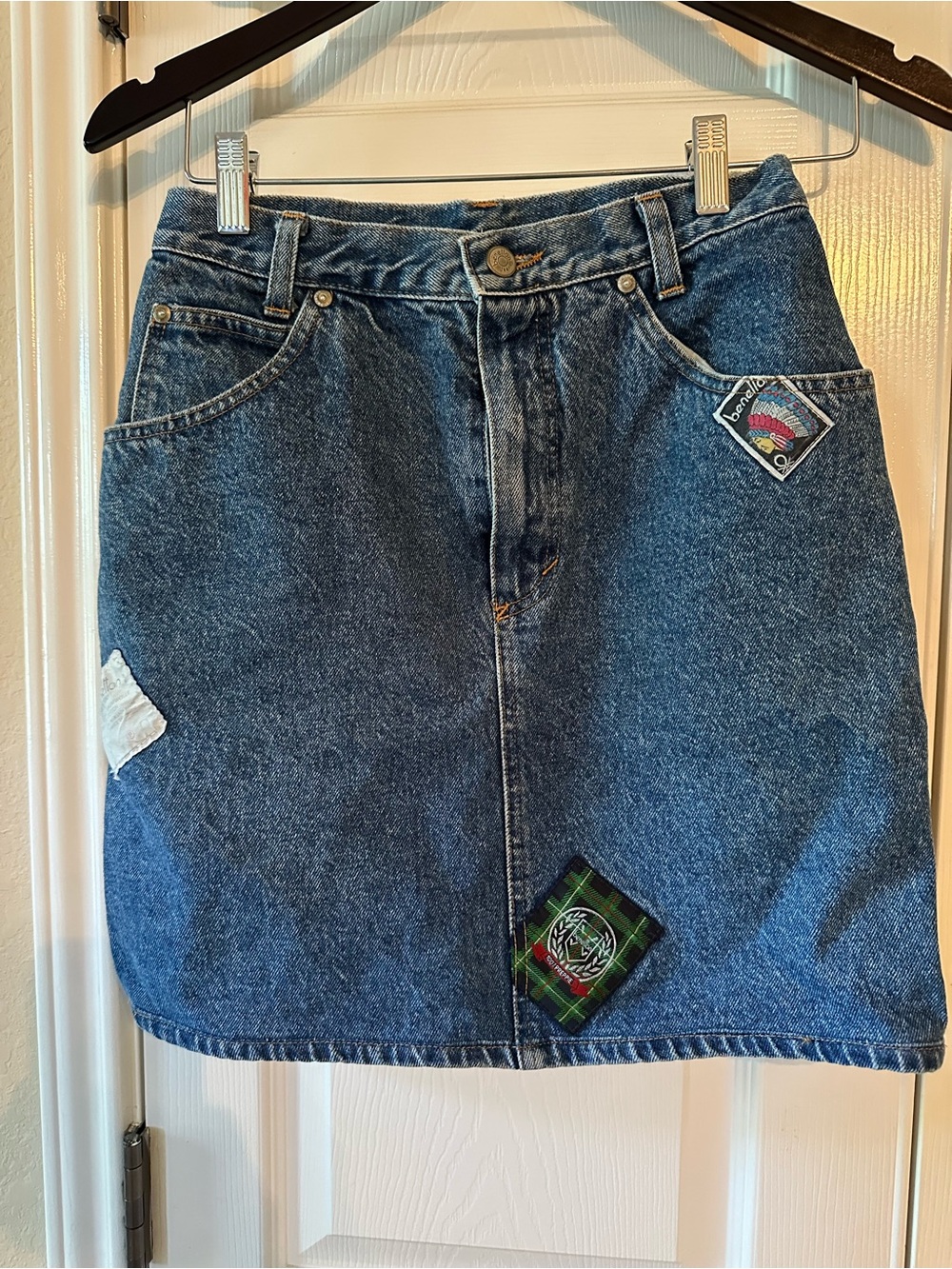 United Colors Of Benetton Dark Blue Denim Mini Skirt with Patch Accents